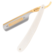 Dovo Bismarck Full Hollow Ground Straight Razor 6/8" Round Point Gold Accented Pearl Acrylic Handle Carbon Steel