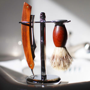 Naked Armor Thor Straight Razor 7/8" Redwood Japanese Stainless Steel and Sandalwood Shaving Brush displayed on a Straight Razor Stand