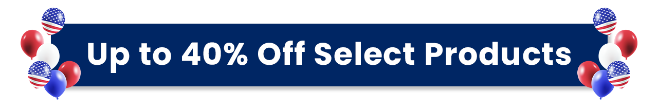 Patriotic blue heading banner reading Up to 40% Off Select Products.