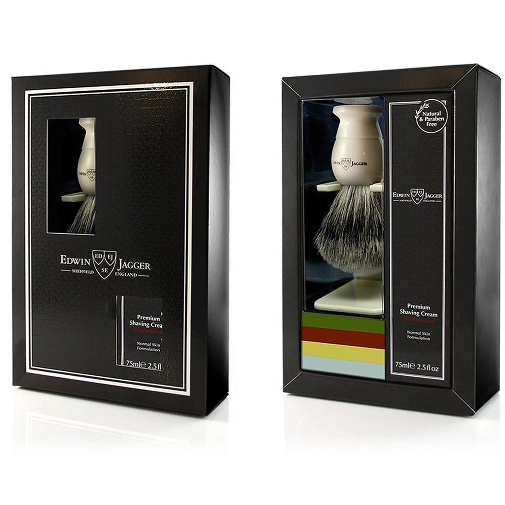 EDWIN JAGGER IMITATION IVORY SHAVING BRUSH AND CREAM GIFT SET (SANDALWOOD)