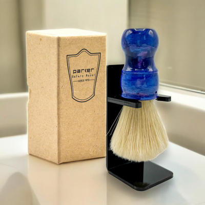 Parker Iridescent Blue Resin Boar Shaving Brush & Acrylic Shaving Brush Stand