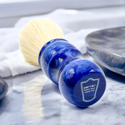 Parker Iridescent Blue Resin Boar Shaving Brush & Acrylic Shaving Brush Stand