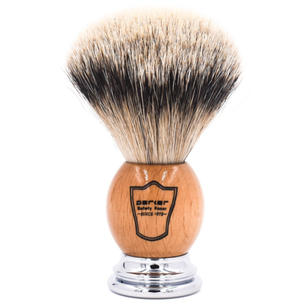 Parker Olive Wood Silvertip Badger Shaving Brush & Acrylic Shaving Brush Stand