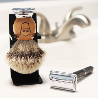 Parker Olive Wood Silvertip Badger Shaving Brush & Acrylic Shaving Brush Stand