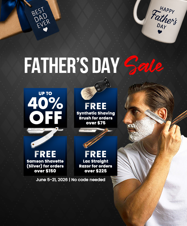 Naked Armor Father's Day Sale banner offering up to 40% off and free shaving gifts. Features a man shaving.