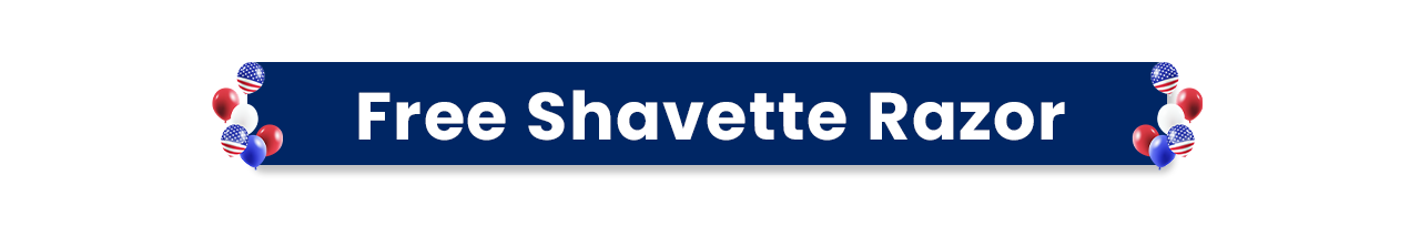Promotional category divider text reading Free Shavette Razor on a dark blue background framed by red, white, and blue 4th of July balloons.