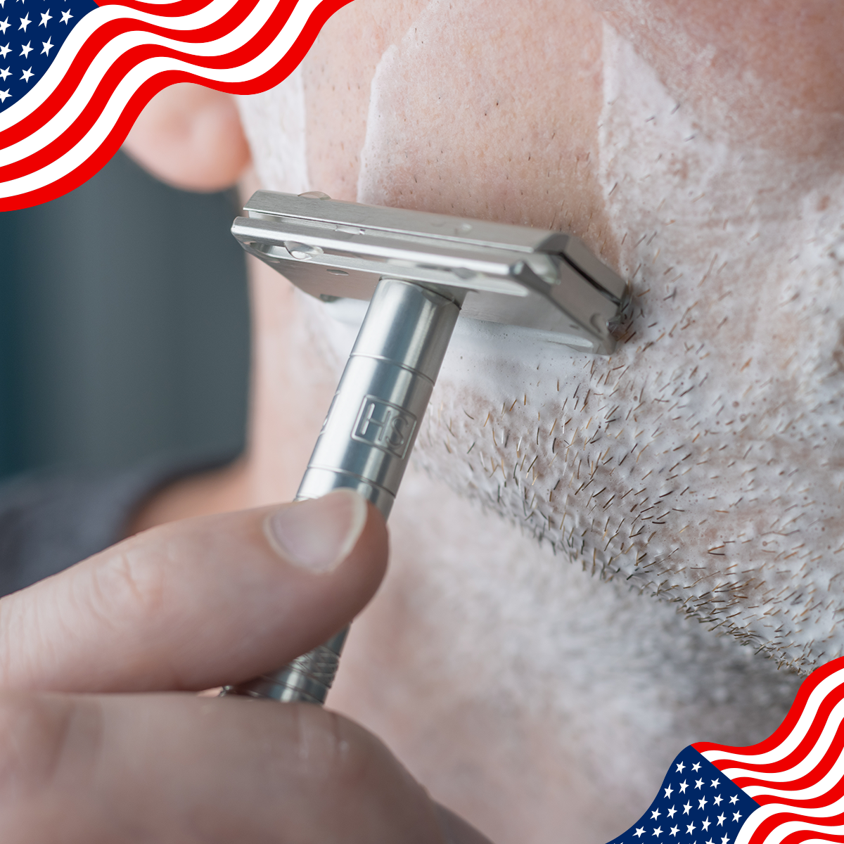 A man shaving with the Henson AL13 Safety Razor surrounded by Memorial Day themed design.