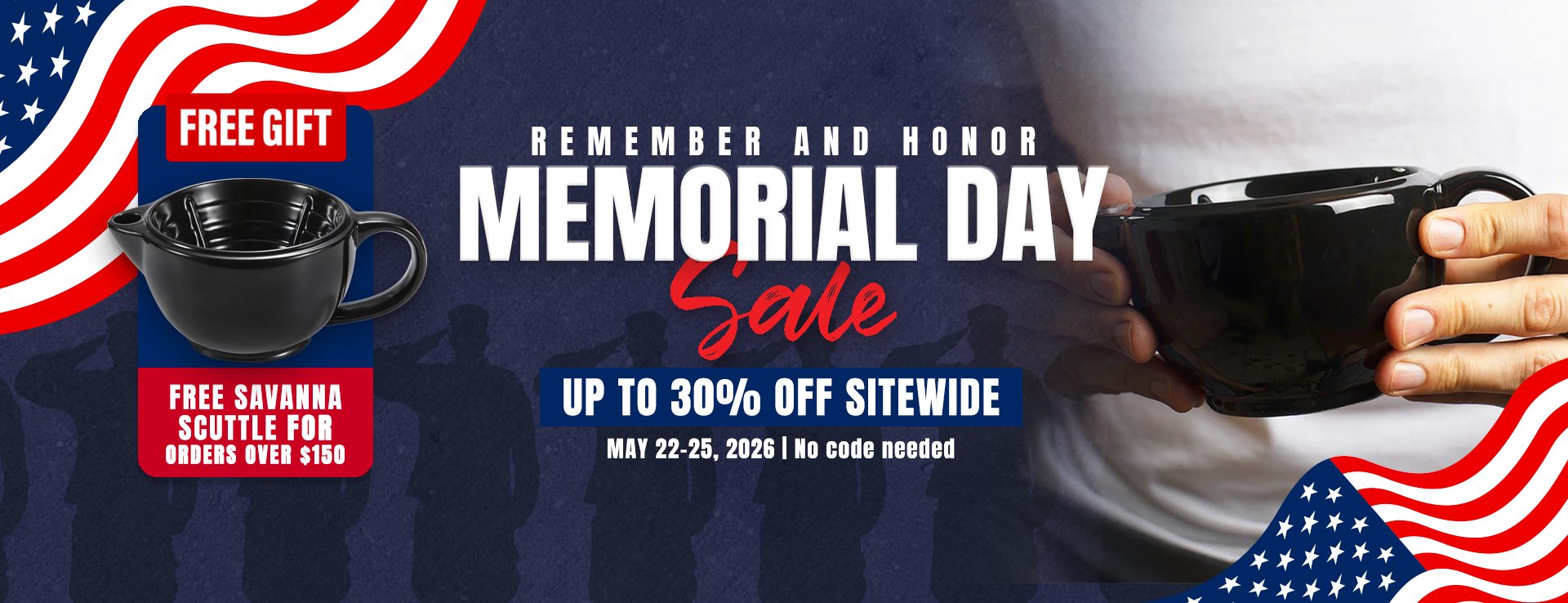 Naked Armor Memorial Day Sale banner: Up to 30% off sitewide from May 22-25. Features free gift offers for the Savanna Scuttle.