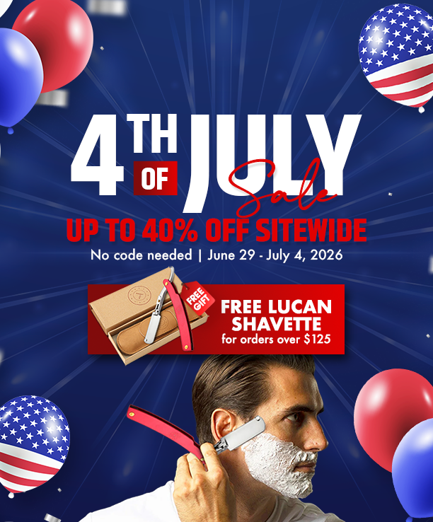 Naked Armor 4th of July Sale mobile banner featuring a man shaving with the red Lucan Shavette, offering up to 40% off sitewide and a free red Lucan Shavette for orders over $125.