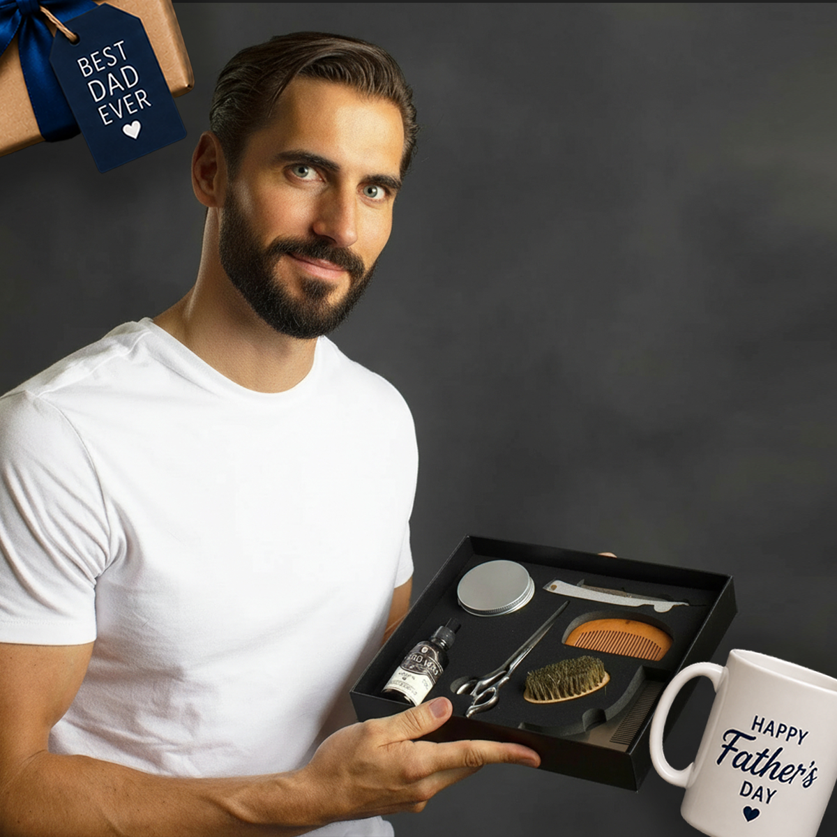 Man holding the Naked Armor Beard Grooming Kit next to Father's Day gifts.