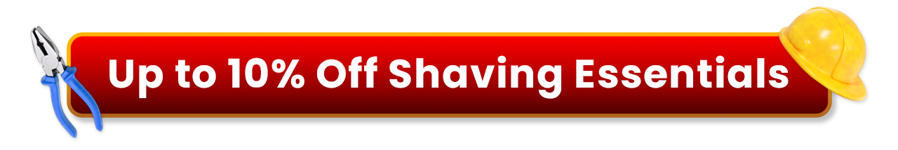 Red Labor Day promotional banner with pliers and a hard hat reading "Up to 10% Off Shaving Essentials".