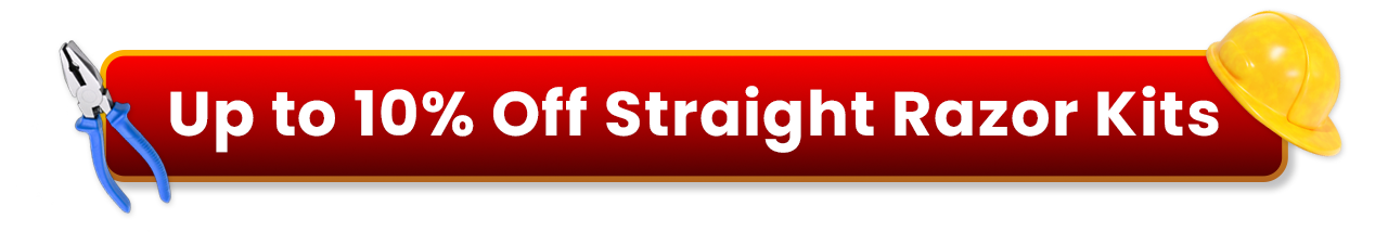 Red Labor Day promotional banner with pliers and a hard hat reading "Up to 10% Off Straight Razor Kits".
