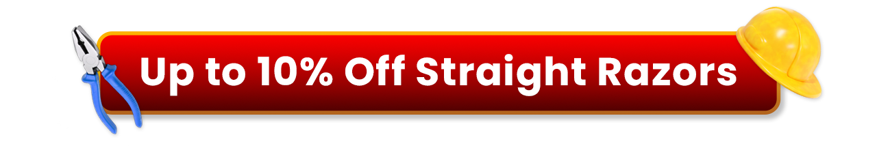 Red Labor Day promotional banner with pliers and a hard hat reading "Up to 10% Off Straight Razors".