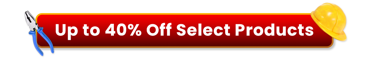 Red Labor Day promotional banner with pliers and a hard hat reading "Up to 40% Off Select Products".