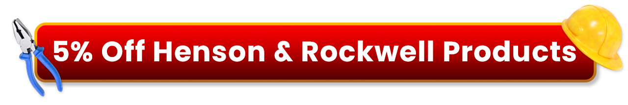 Red Labor Day promotional banner with pliers and a hard hat reading "5% Off Henson & Rockwell Products".