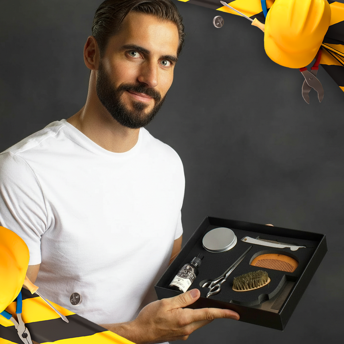 Man holding an open black gift box containing Naked Armor beard grooming kit, framed by Labor Day construction graphics.