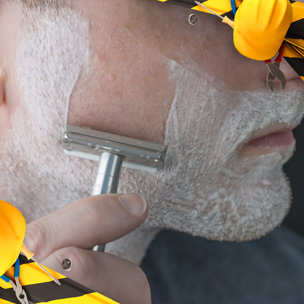 Close-up of a man shaving with a Henson AL13 safety razor, framed with Labor Day construction tools and hard hat elements.