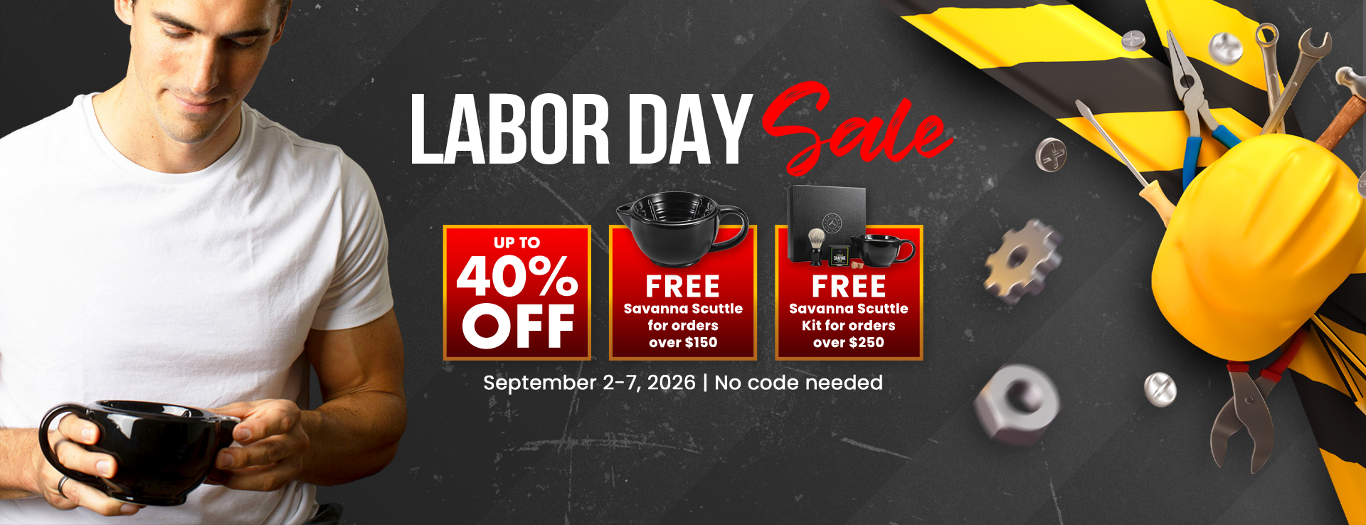 Naked Armor Labor Day Sale banner featuring up to 40% off sitewide, free Savanna Scuttle on orders over $150, and free Savanna Scuttle Kit on orders over $250. Valid September 2–7.