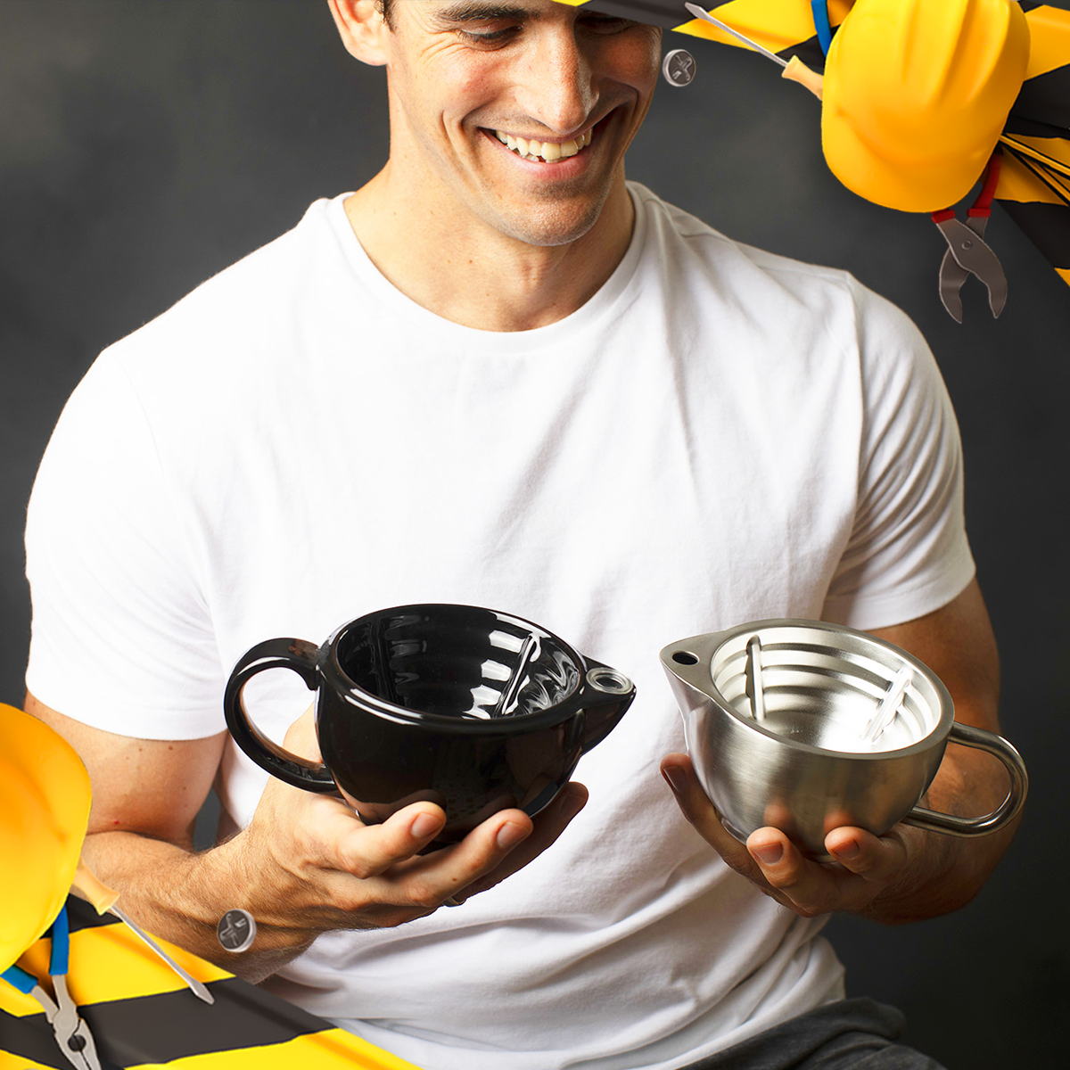 Smiling man holding a black ceramic shaving scuttle in one hand and a stainless steel scuttle in the other against a dark background with Labor Day graphics.