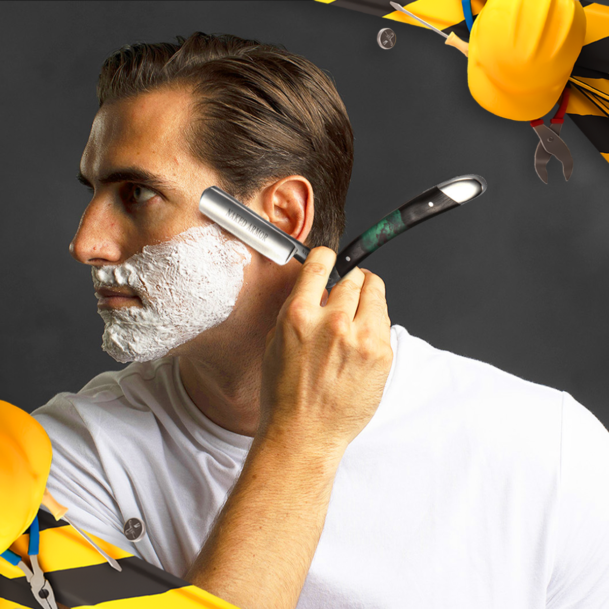 Man wet shaving using a Naked Armor Mador Straight Razor, surrounded by Labor Day thematic overlays.