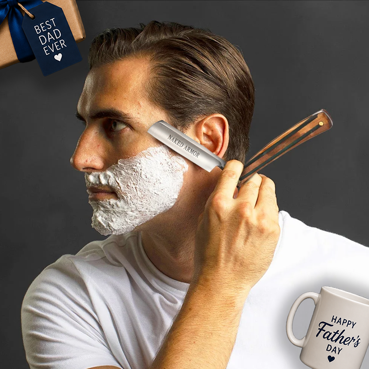 Man shaving with a Naked Armor Lac Straight Razor next to Father's Day gifts.