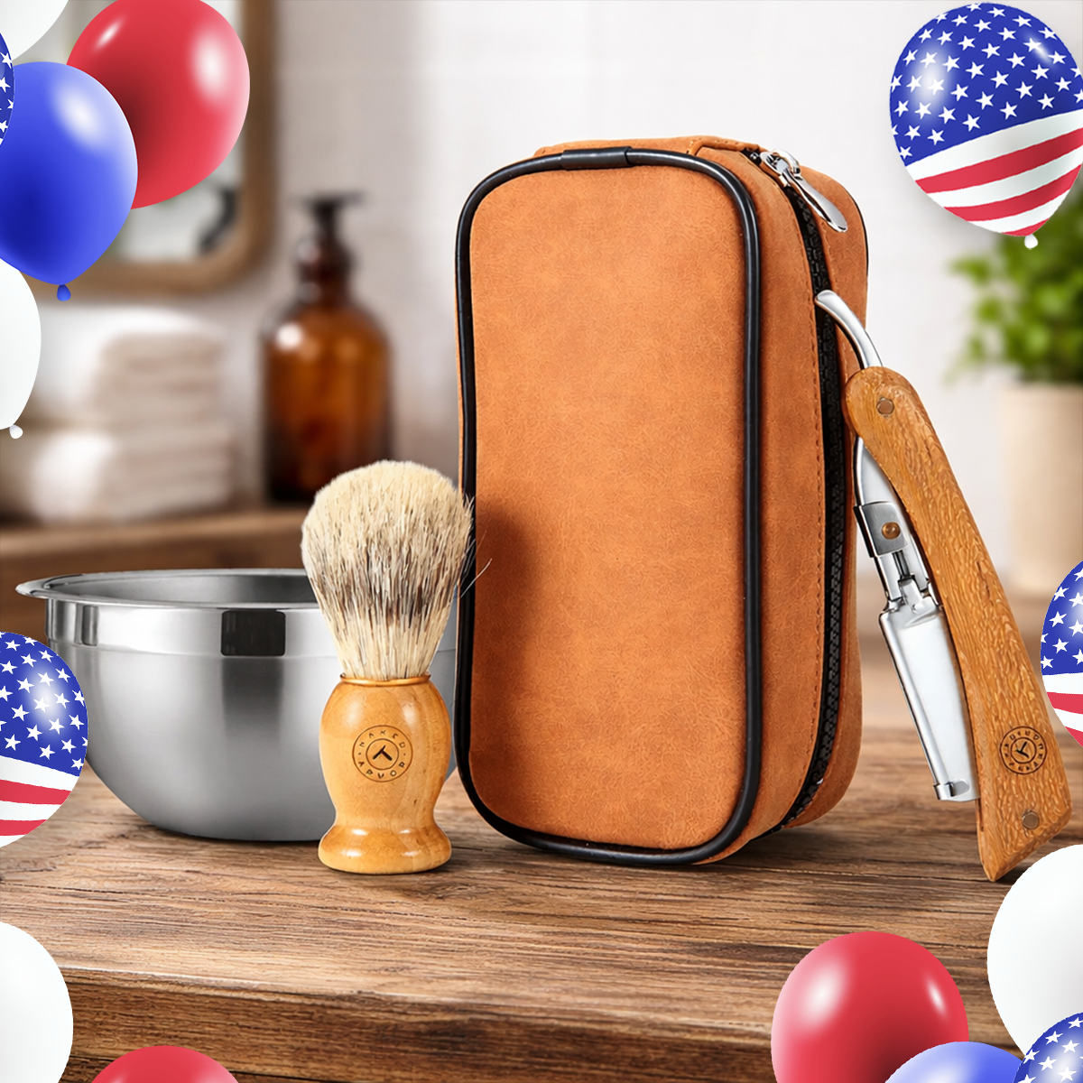 Naked Armor Lucan Shavette Kit featuring a wood-handle shavette razor, shaving brush, stainless steel bowl, and a tan leather travel case.