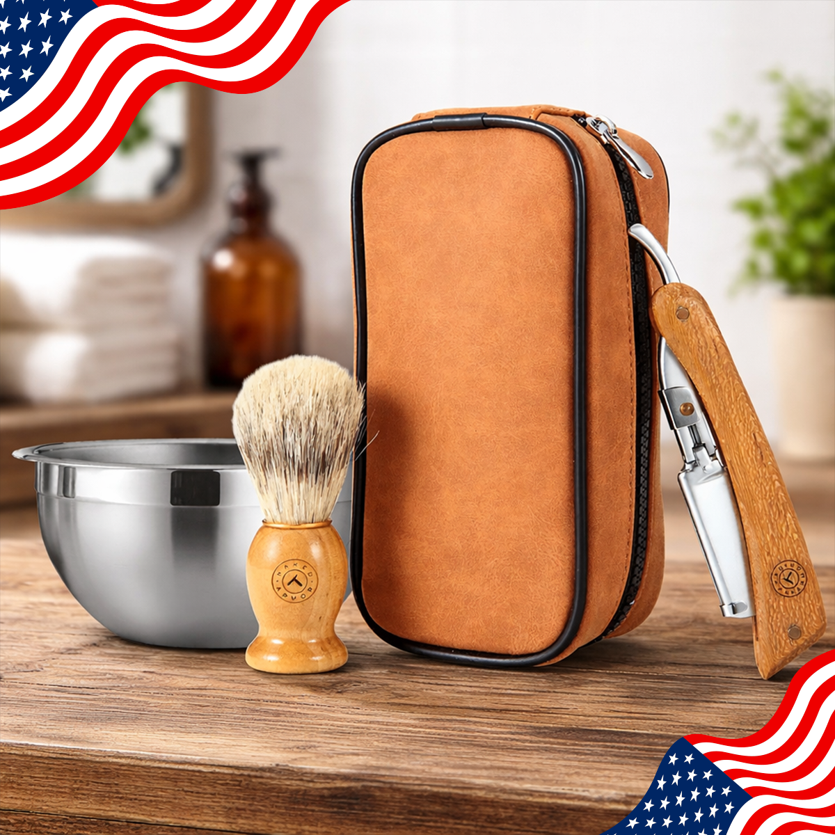 Naked Armor Lucan Shavette Kit surrounded by Memorial Day themed design.