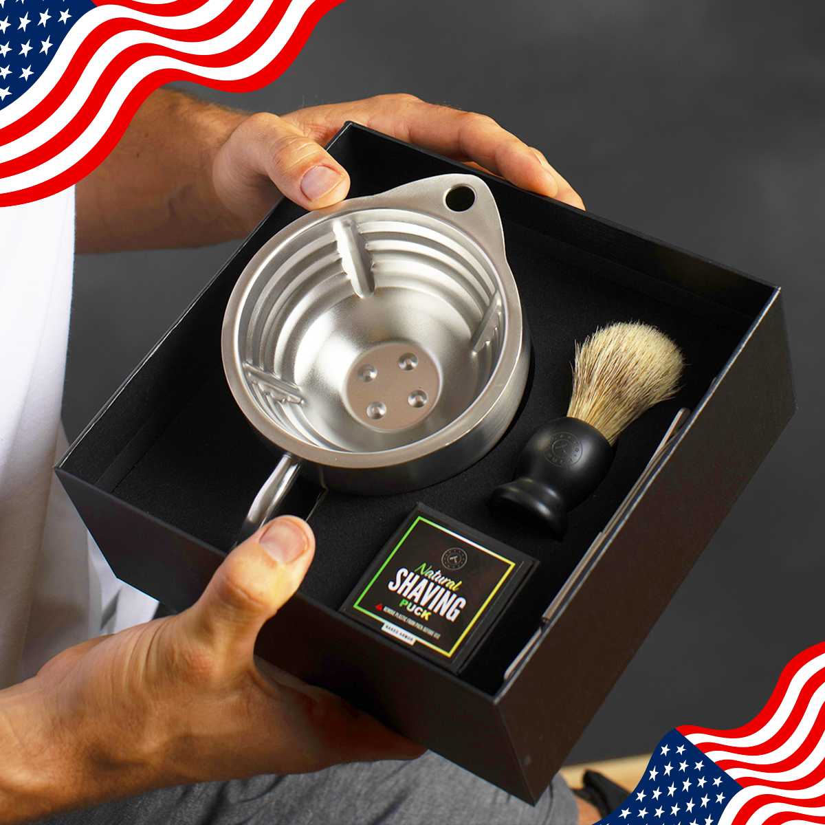 A man holding the Naked Armor Silver Fox Scuttle Kit urrounded by Memorial Day themed design.