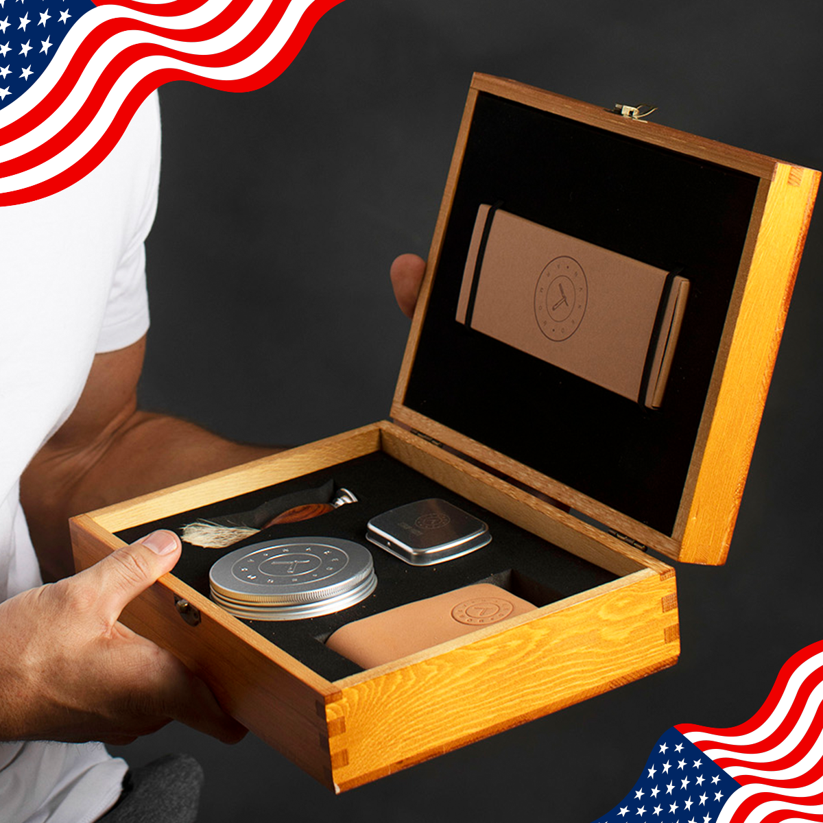 A man holding the Naked Armor Solomon Straight Razor Kit surrounded by Memorial Day themed design.