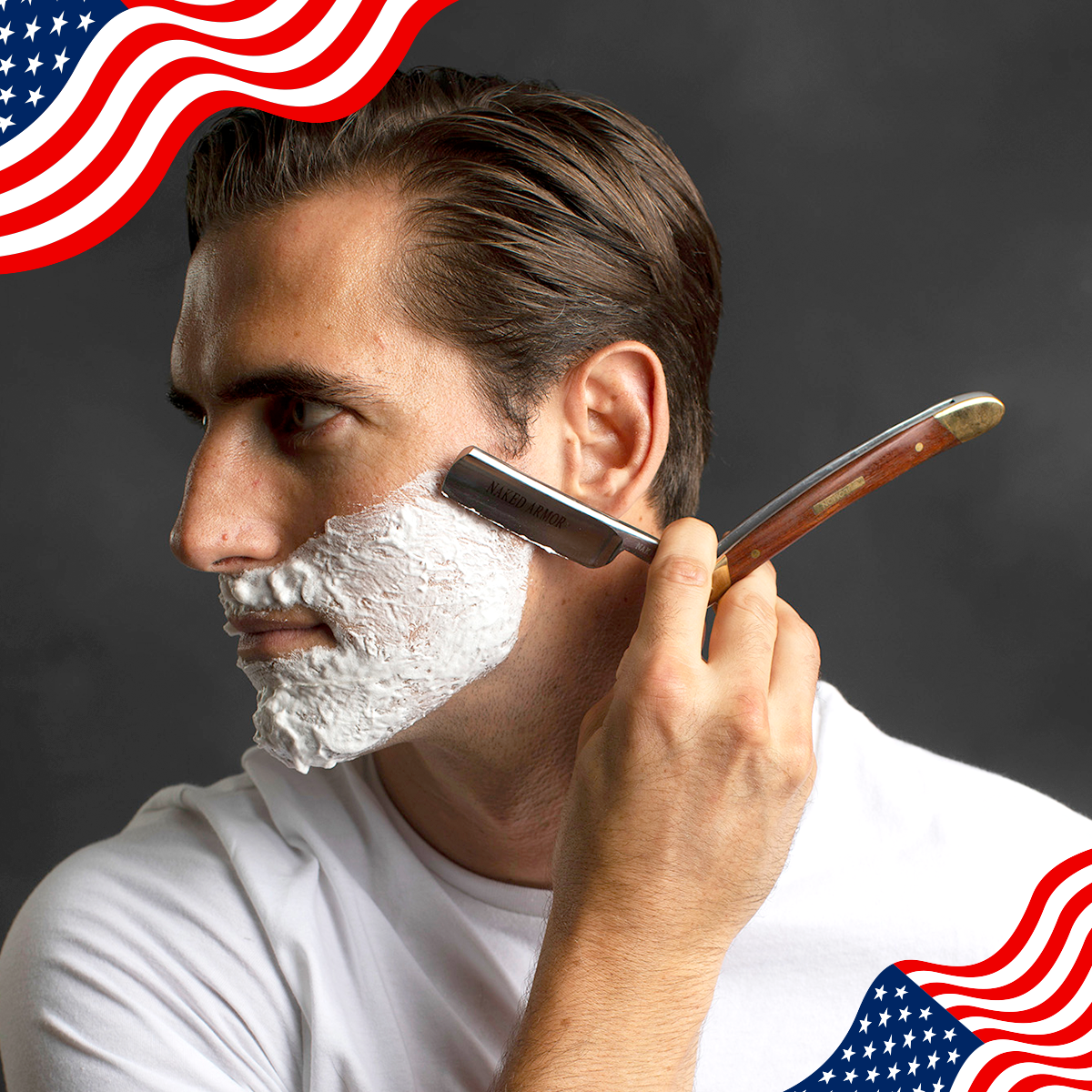 A man shaving with the Naked Armor Solomon Straight Razor surrounded by Memorial Day themed design.