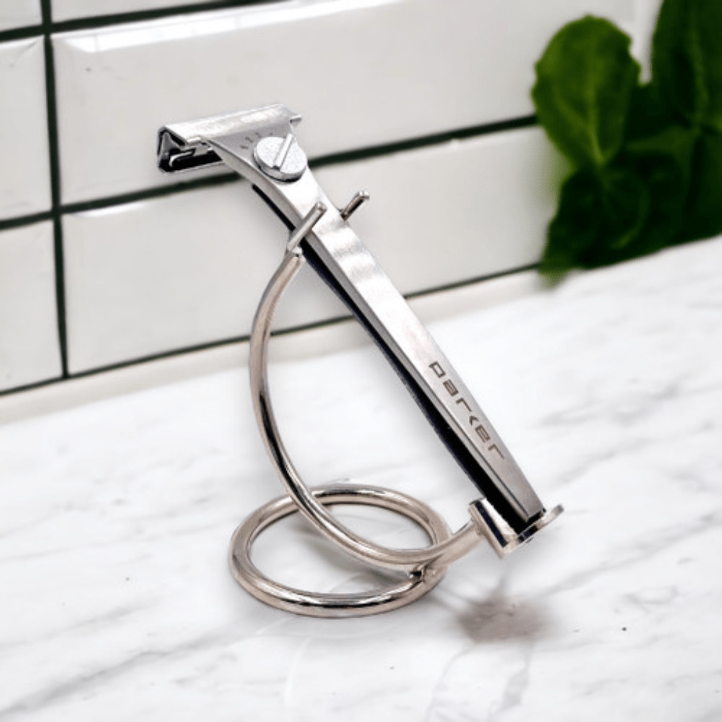Razor On Razor Stand Super Safety Razors Chrome Curved Safety Razor Stand – Naked Armor Razors