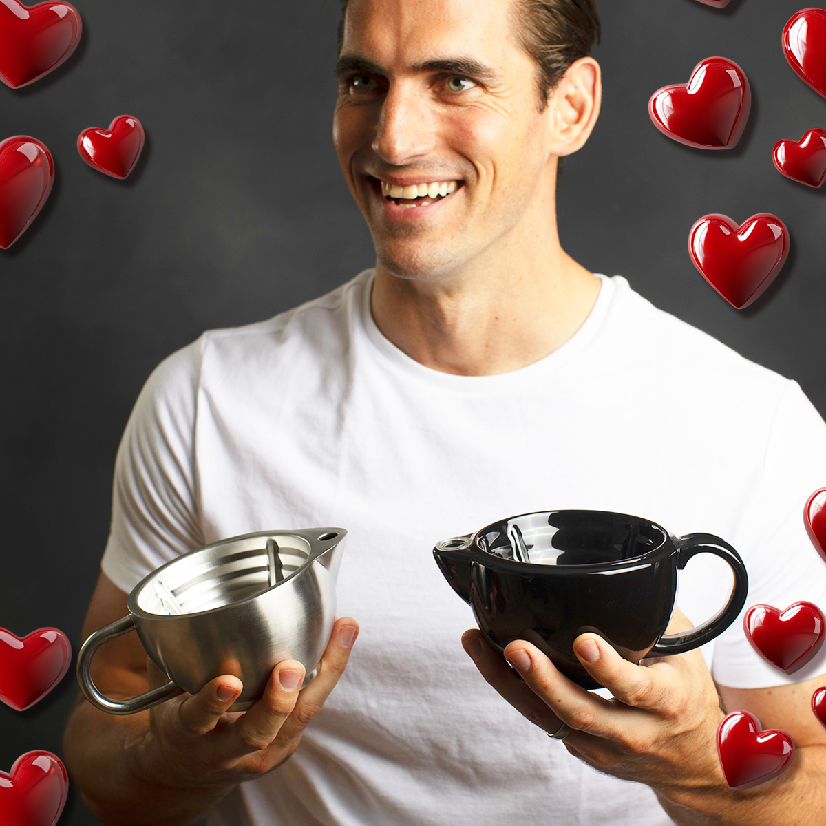 Man holding the Savanna and Silver Fox Scuttle for Valentine's Day