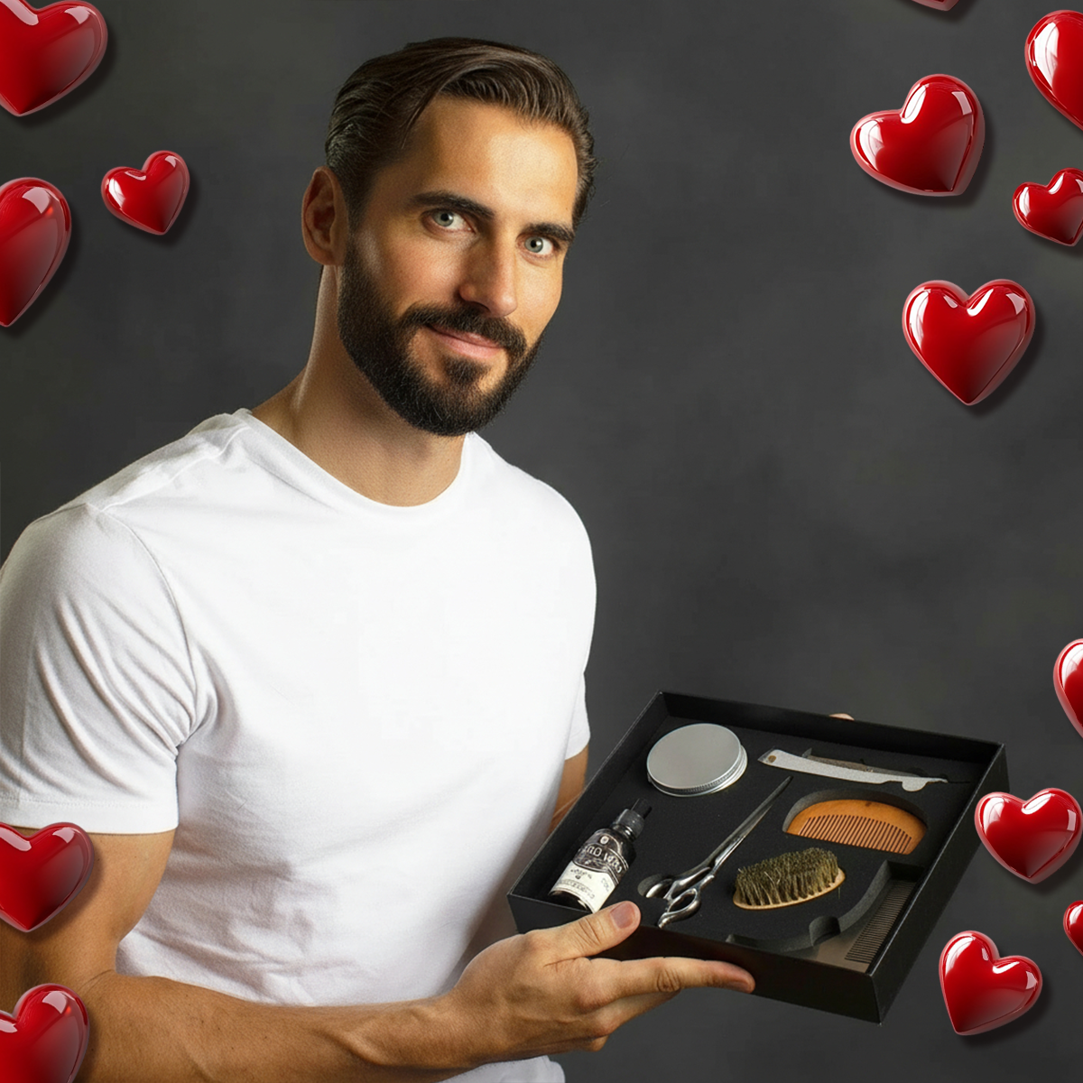 Man holding the Naked Armor Shavette Kit for Valentine's Day