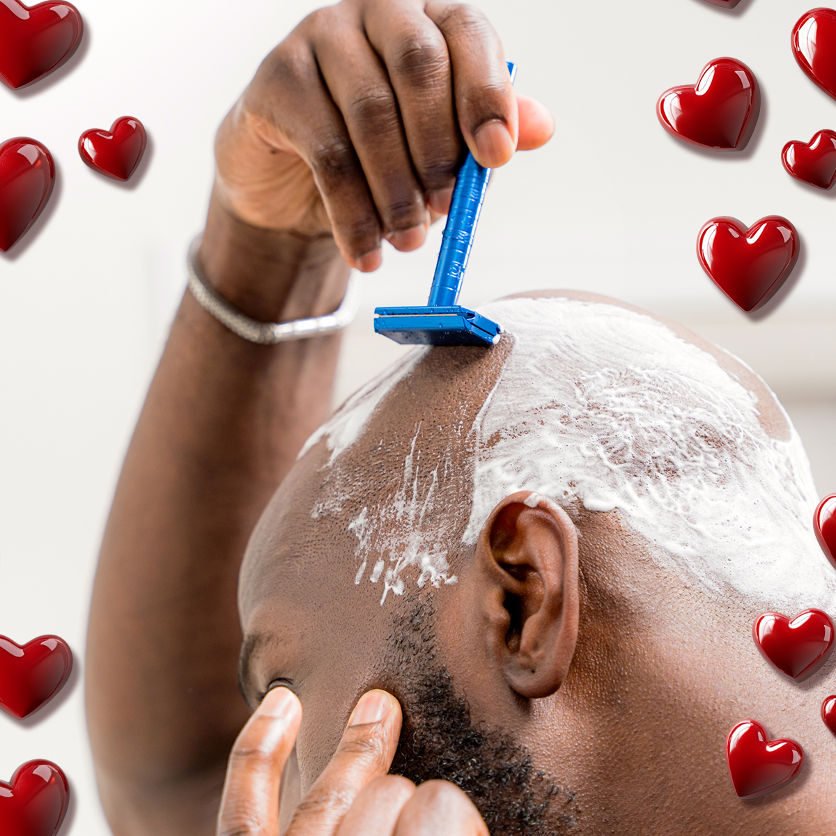 Man shaving his head with the Henson AL13 Aluminum Safety Razor for Valentine's Day