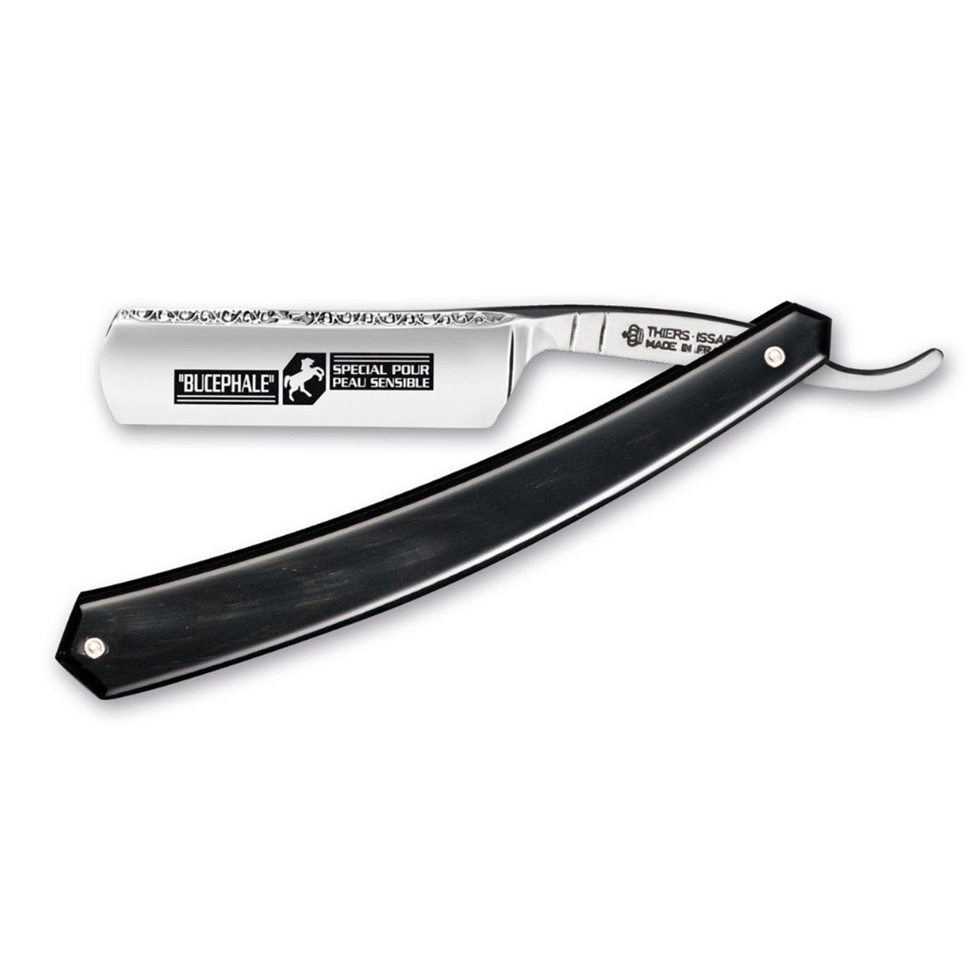 Thiers Issard 'Bucephale' 6/8" Black Cow Horn Straight Razor