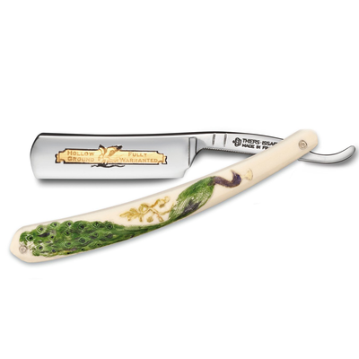 Thiers Issard 'Golden Eagle' Straight Razor 6/8" with Hand-Painted Peacock Scales (Both Sides) Round Point Carbon Steel