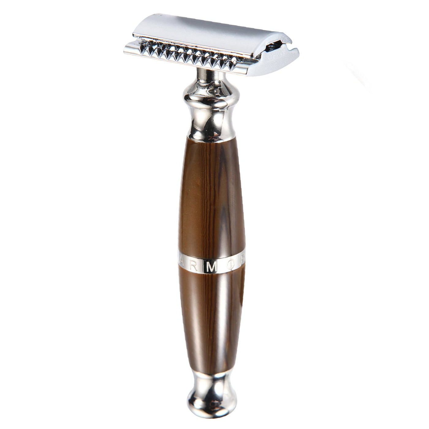 Naked Armor Dark Brown Priamus Safety Razor Wood Finish Resin Zinc Aluminum