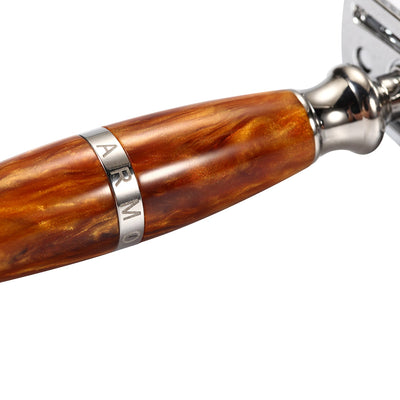 Naked Armor Light Brown Priamus Safety Razor Wood Finish Resin Zinc Aluminum