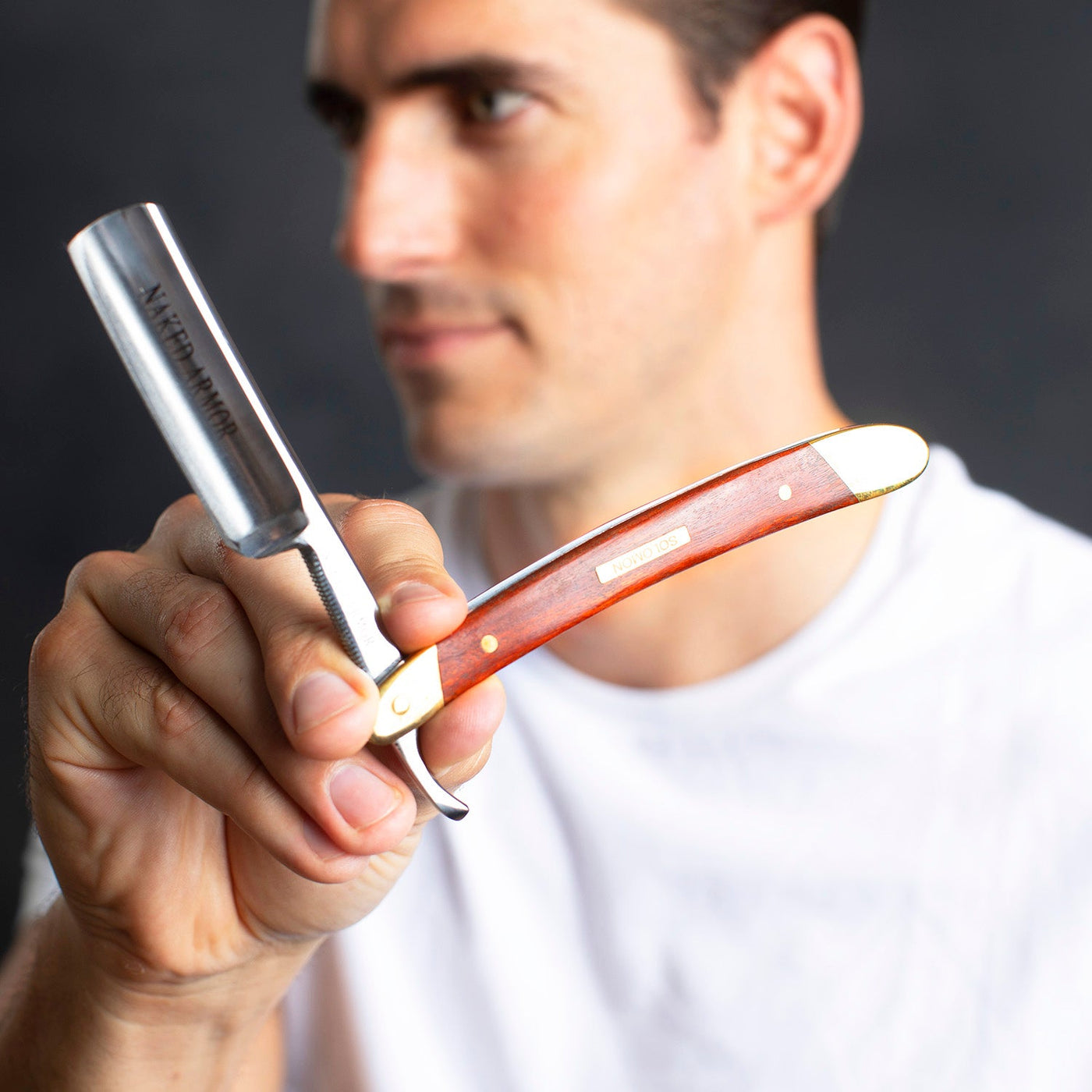 Naked Armor Solomon Straight Razor 7/8" Brown Algum Wood Japanese Steel