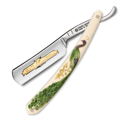 Thiers Issard 'Golden Eagle' Straight Razor 6/8" with Hand - Painted Peacock Scales (Both Sides) Round Point Carbon Steel